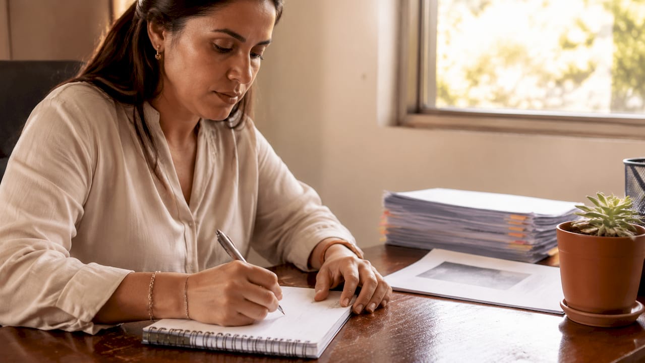 Uma mãe a apontar os sintomas do filho num caderno