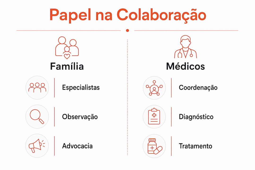 Infográfico que destaca as diferenças entre o papel da família e o dos profissionais de saúde