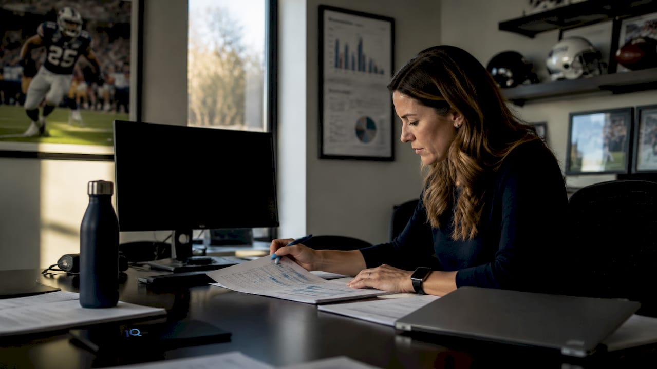 Female analyst reviewing athlete data sheets