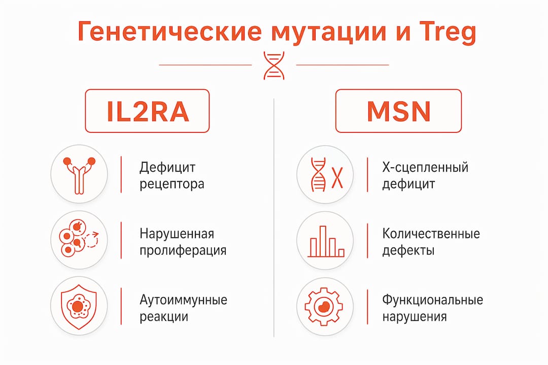 Инфографика, наглядно демонстрирующая, как мутации в генах IL2RA и MSN отражаются на работе регуляторных T-клеток.