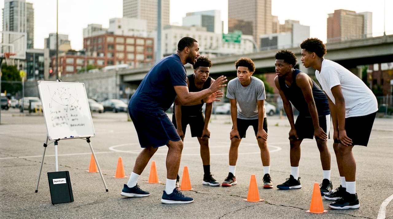 Basketball players practicing drills in gym