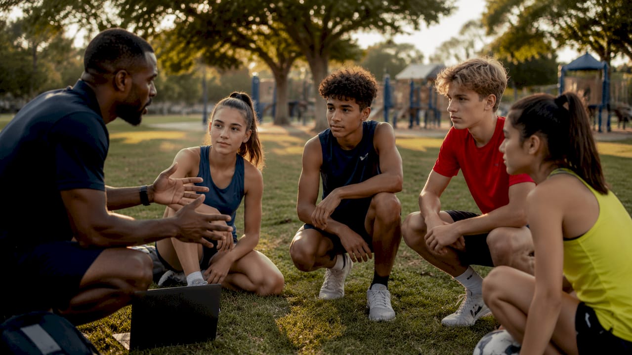 Coach instructing small group athletes outdoors
