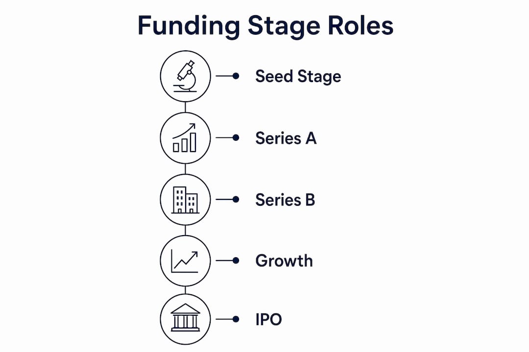Infographic of biotech funding stages and critical team roles