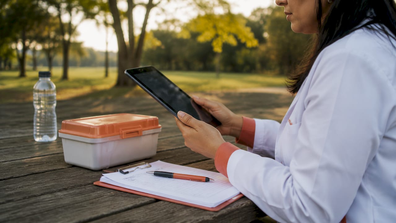 Mãos fazendo anotações de informações clínicas em um tablet desligado