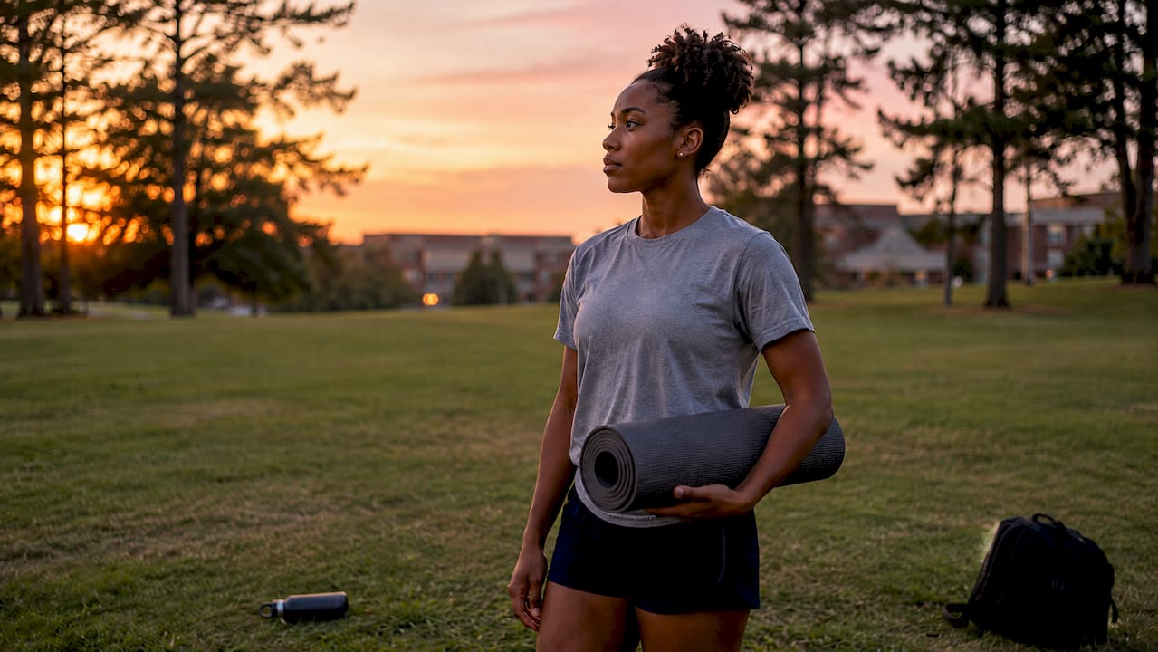 Pensive college athlete on gym bench