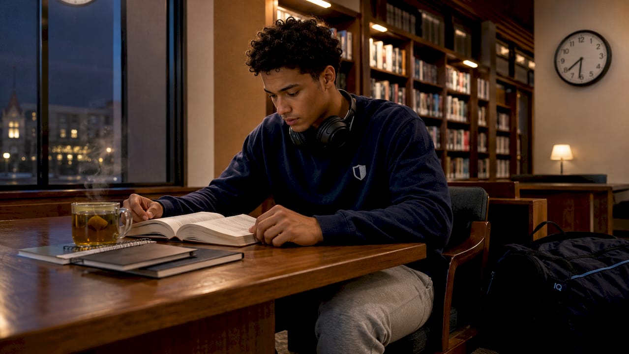 College athlete studying late in dorm