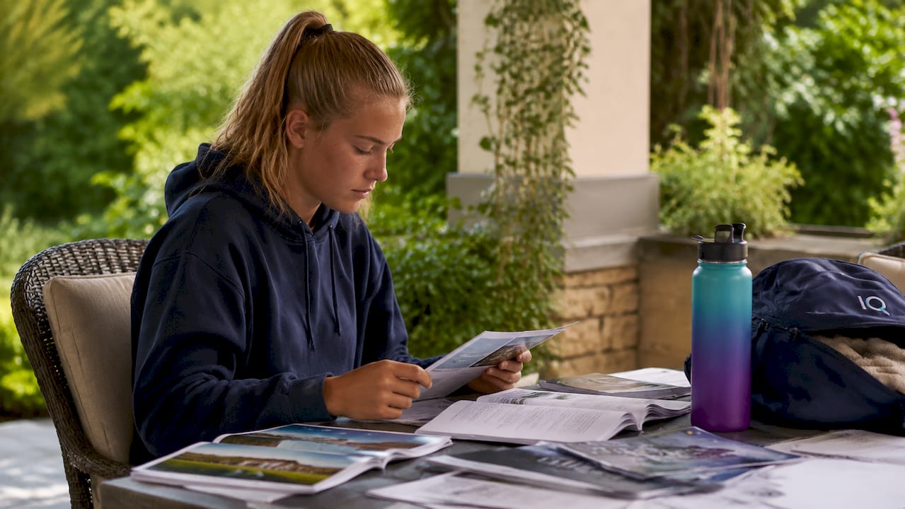 Athlete reviewing academic and athletic materials