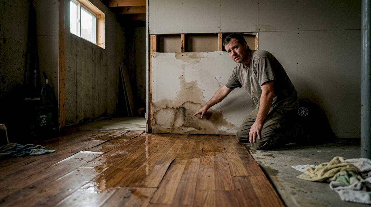 Homeowner pointing at basement water damage from sewer backup
