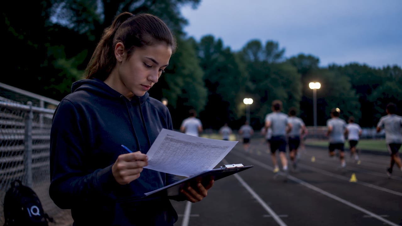 Female athlete assessing team depth chart outdoors