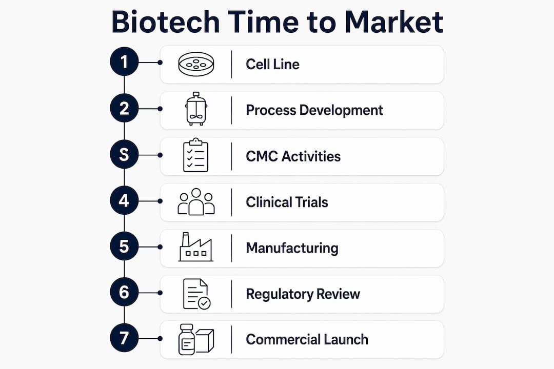 Infographic outlining biotech product development stages from cell line to launch