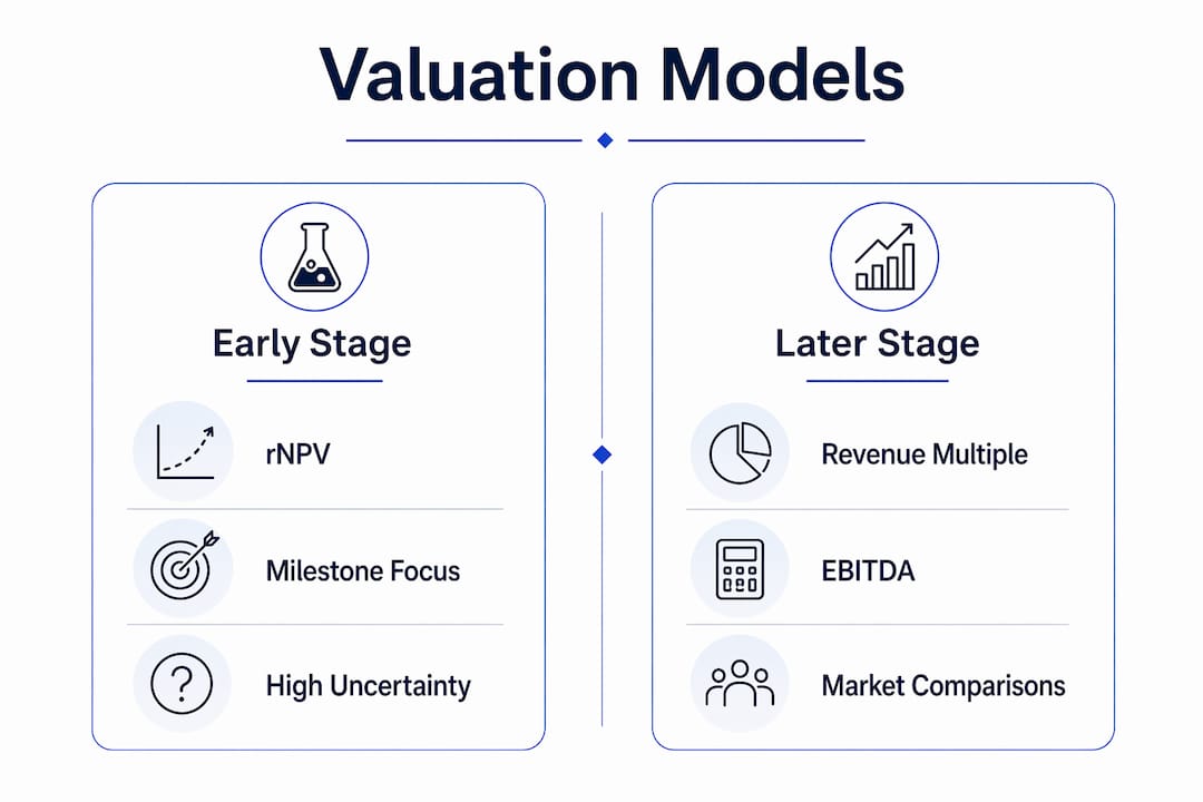 Infographic comparing early and later stage biotech valuation models