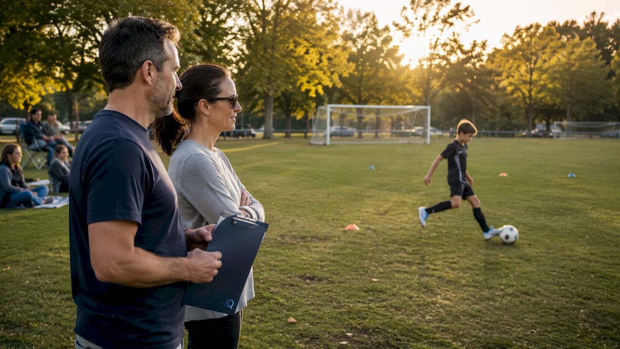Parents watching child practice soccer outdoors