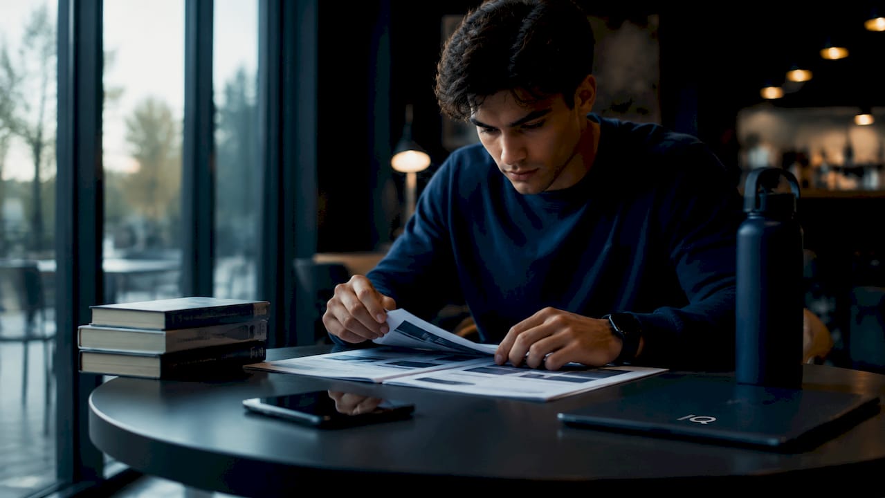 College athlete reviewing program brochures