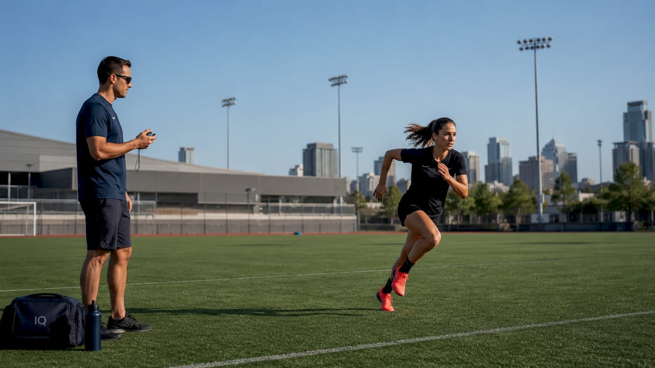 Female athlete sprinting during coached practice