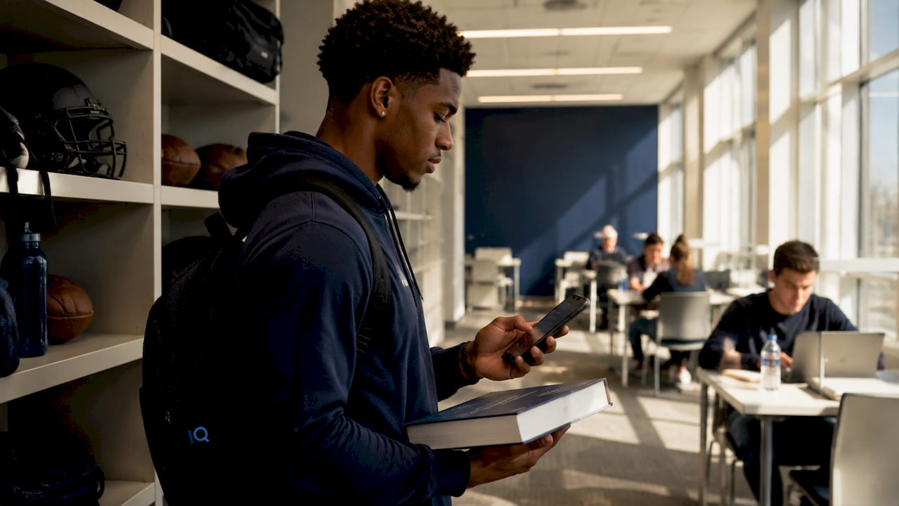 Athlete checking schedule in dorm room