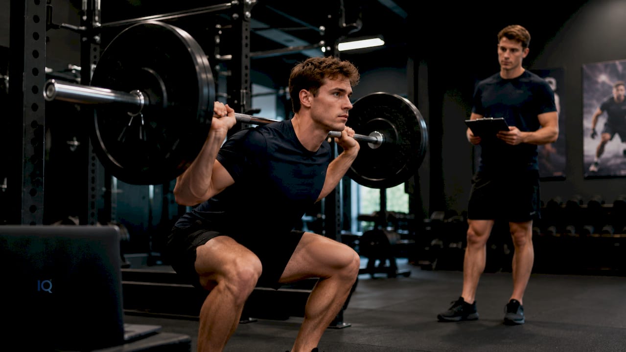 Athlete performing barbell squat in gym