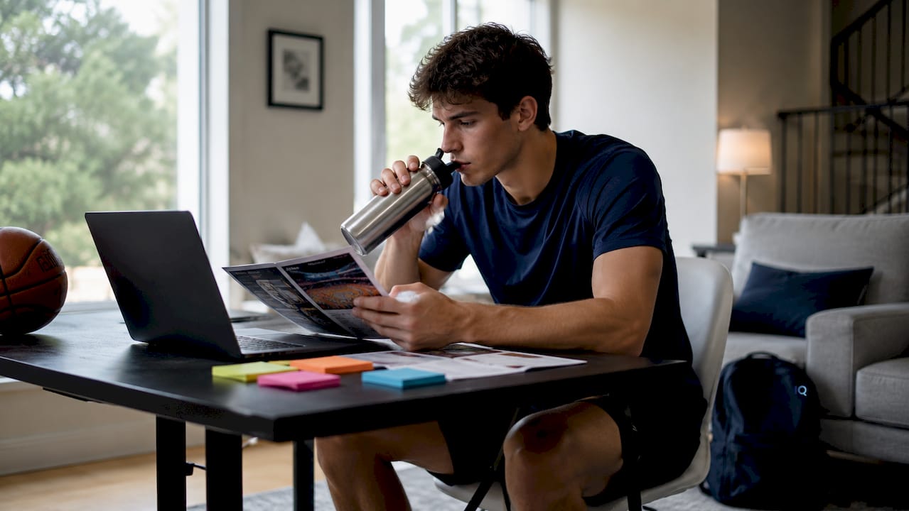 High school player reviewing basketball programs at desk