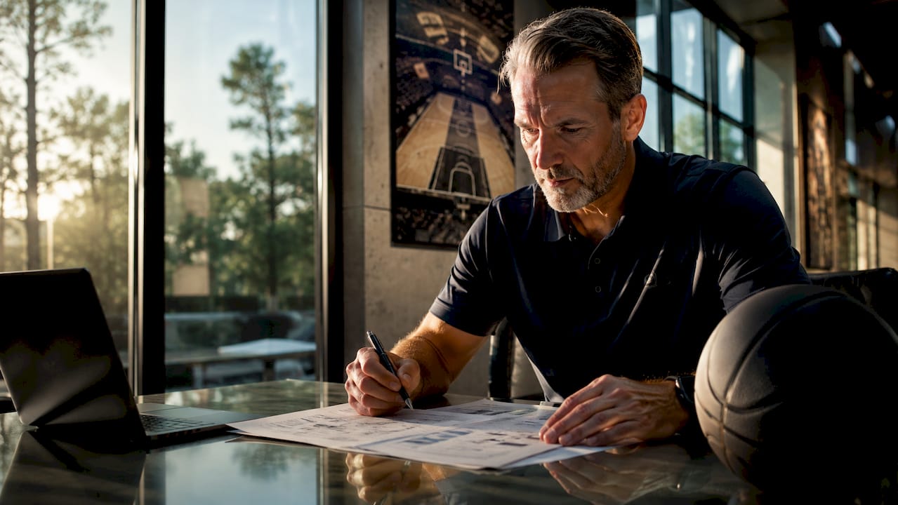 Basketball coach reviewing player stats and game plans