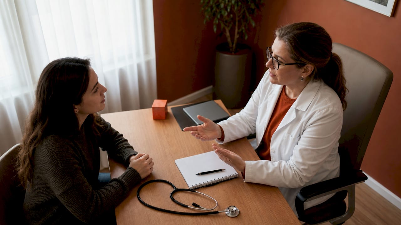 Conversa entre médico e doente sobre a participação em ensaios clínicos.