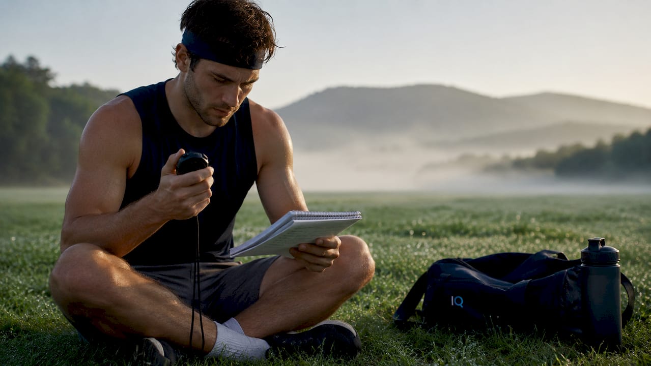 Athlete hands holding stopwatch and mental training notes