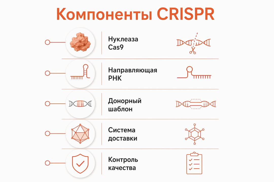 Инфографика, наглядно показывающая ключевые элементы системы CRISPR
