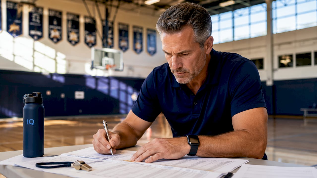 Coach reviewing printed recruit data sheets