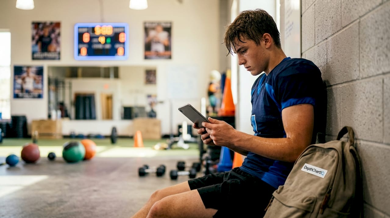 High school athlete reviewing recruit metrics on tablet