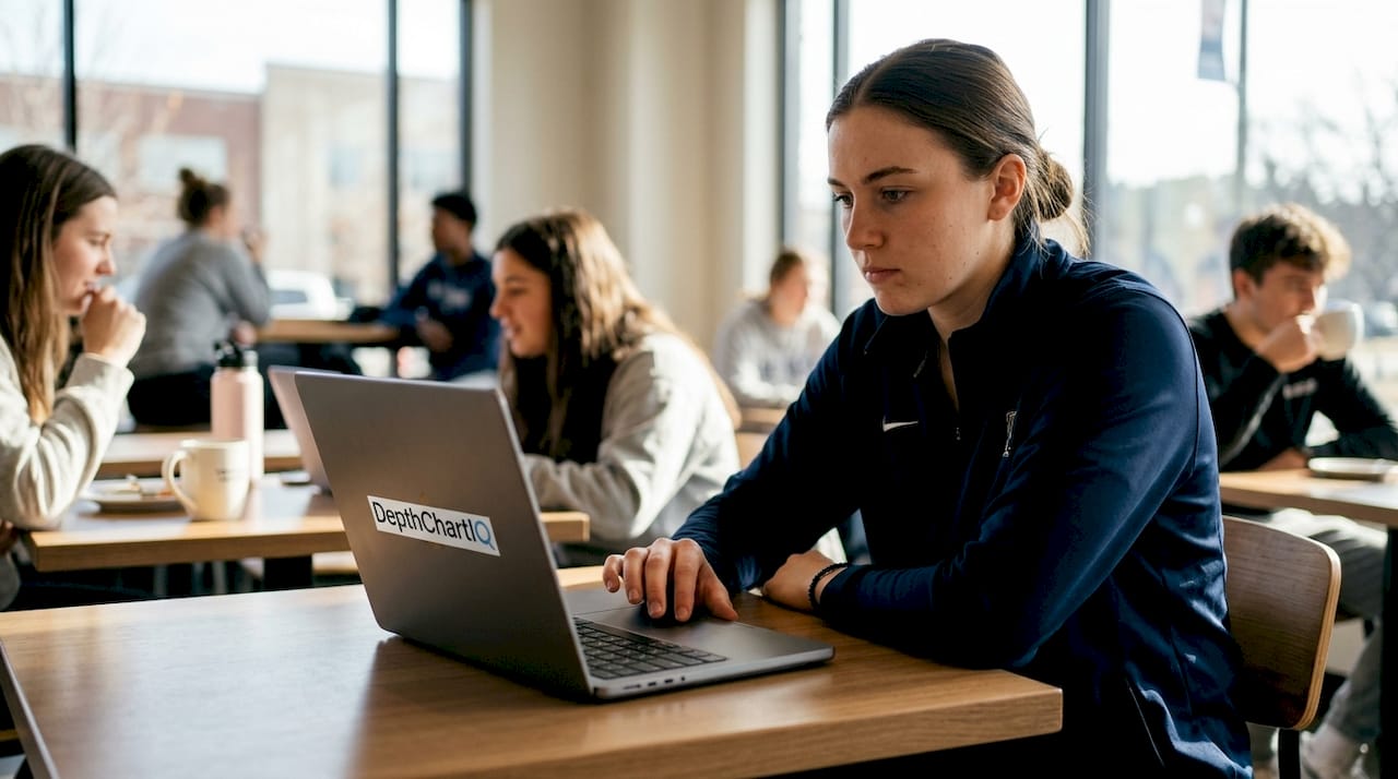 Female athlete researching college programs outdoors