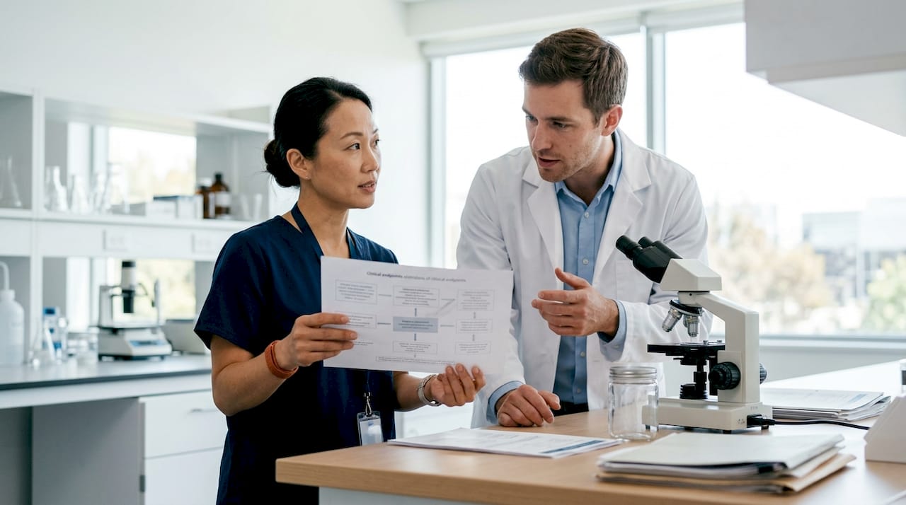 Una médica conversa con una colega sobre los diferentes tipos de criterios de valoración en estudios clínicos.
