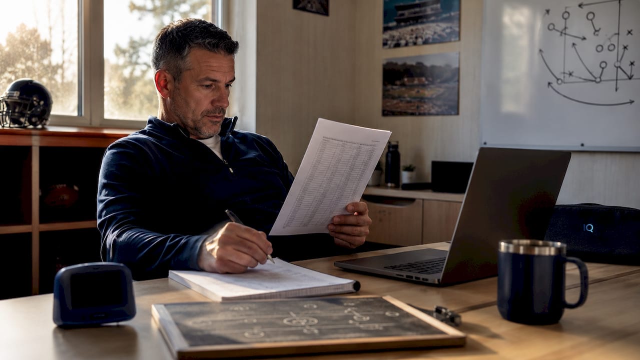 Coach studying printed team roster in office