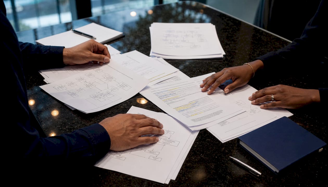 Overhead view of hands reviewing FDA documents