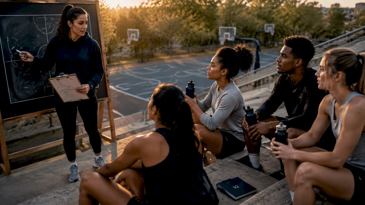 Coach explaining scholarship details to basketball players