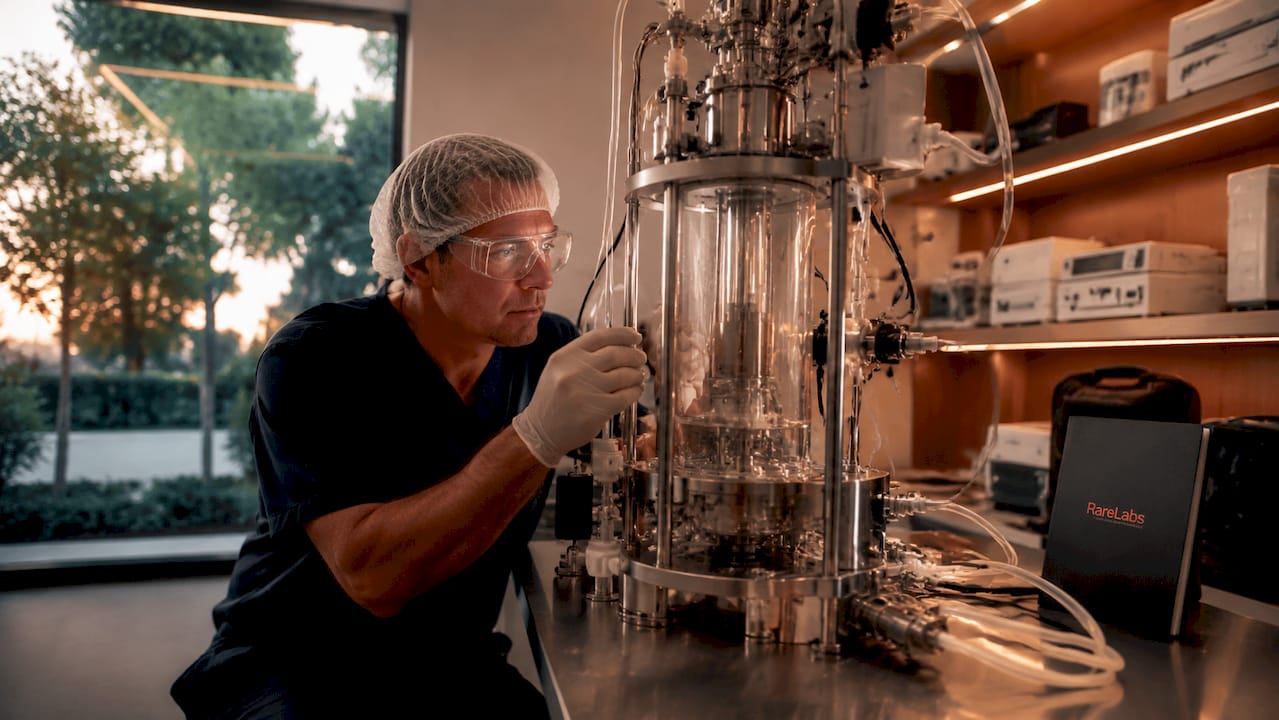 Technician inspecting bioreactor in cleanroom lab