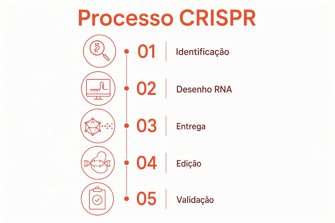 Infografia ilustrativa com as várias fases do processo CRISPR