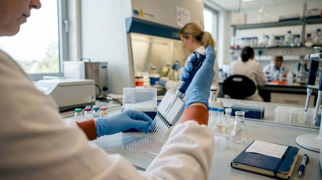 Técnicos manipulam nanopartículas no laboratório