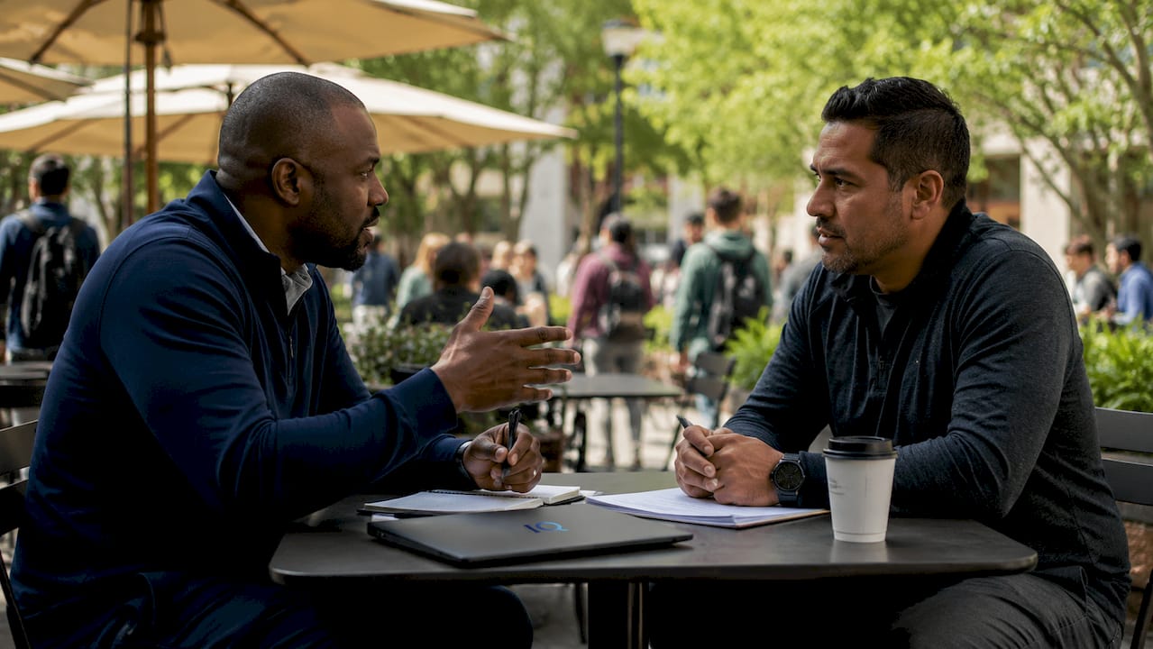 Two coaches discussing player transfer strategies