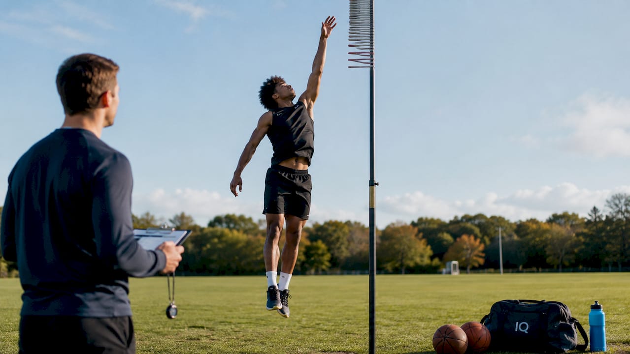 College basketball player performing vertical leap test