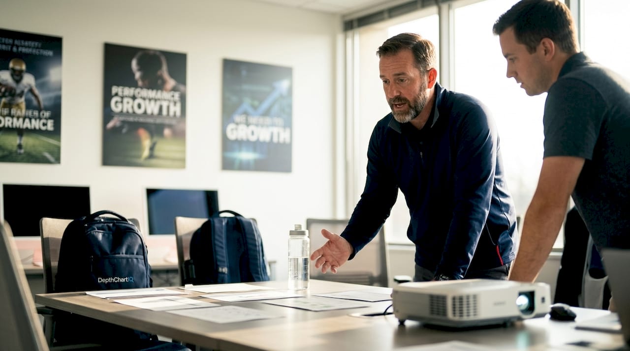 Coach reviewing player fit scores at desk