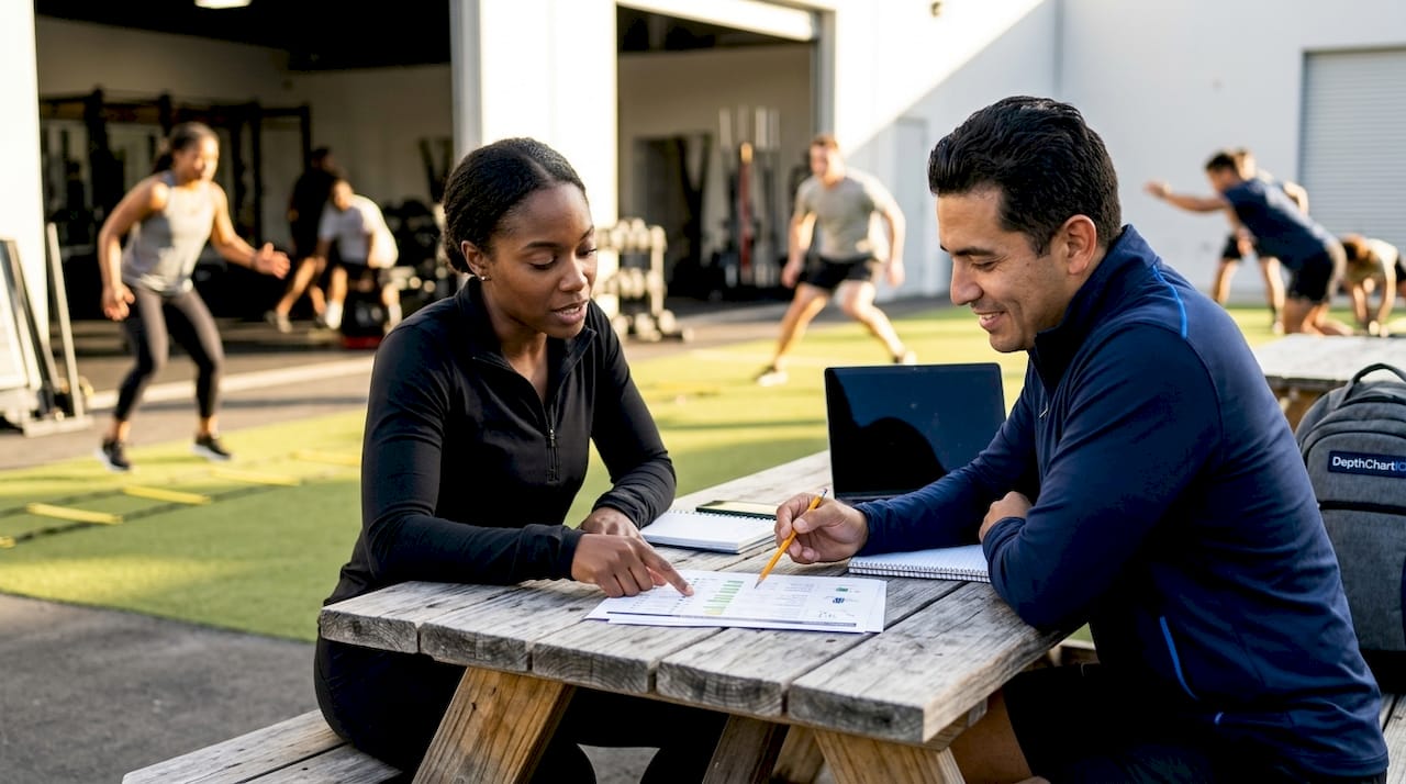 Coaches discussing training customization fit scores