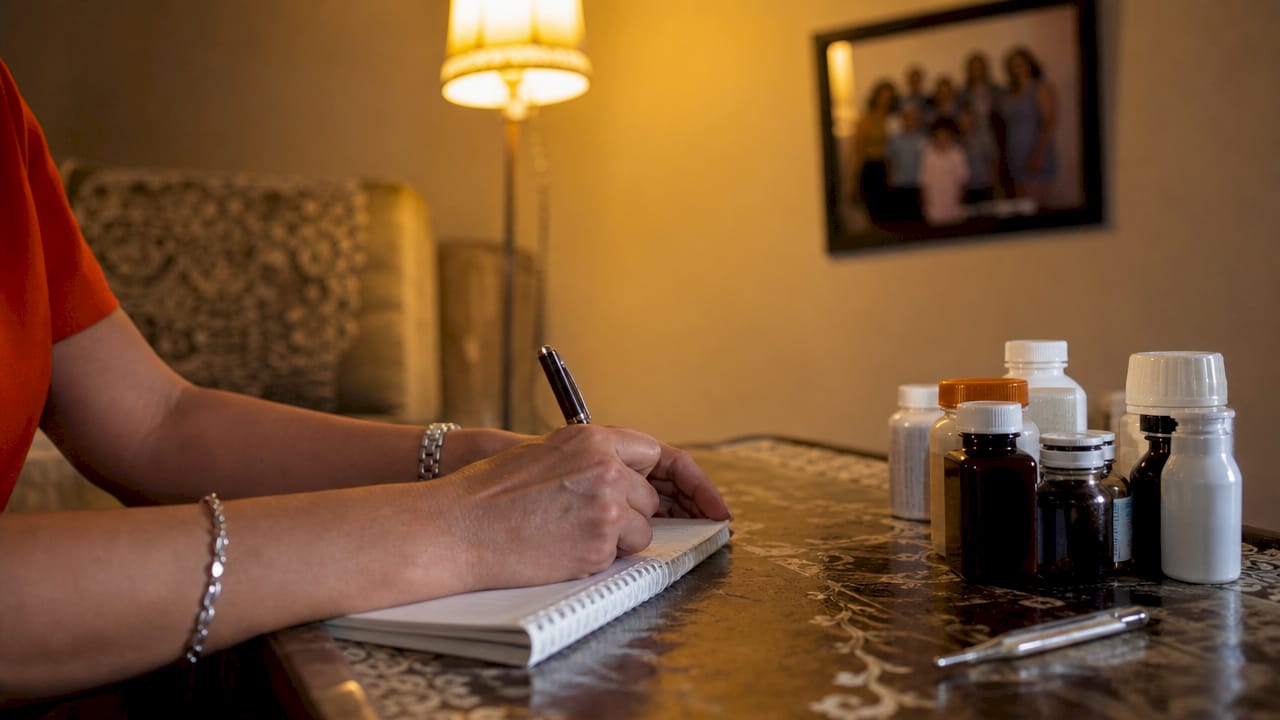 Mãos escrevendo um diário clínico sobre uma mesa de madeira