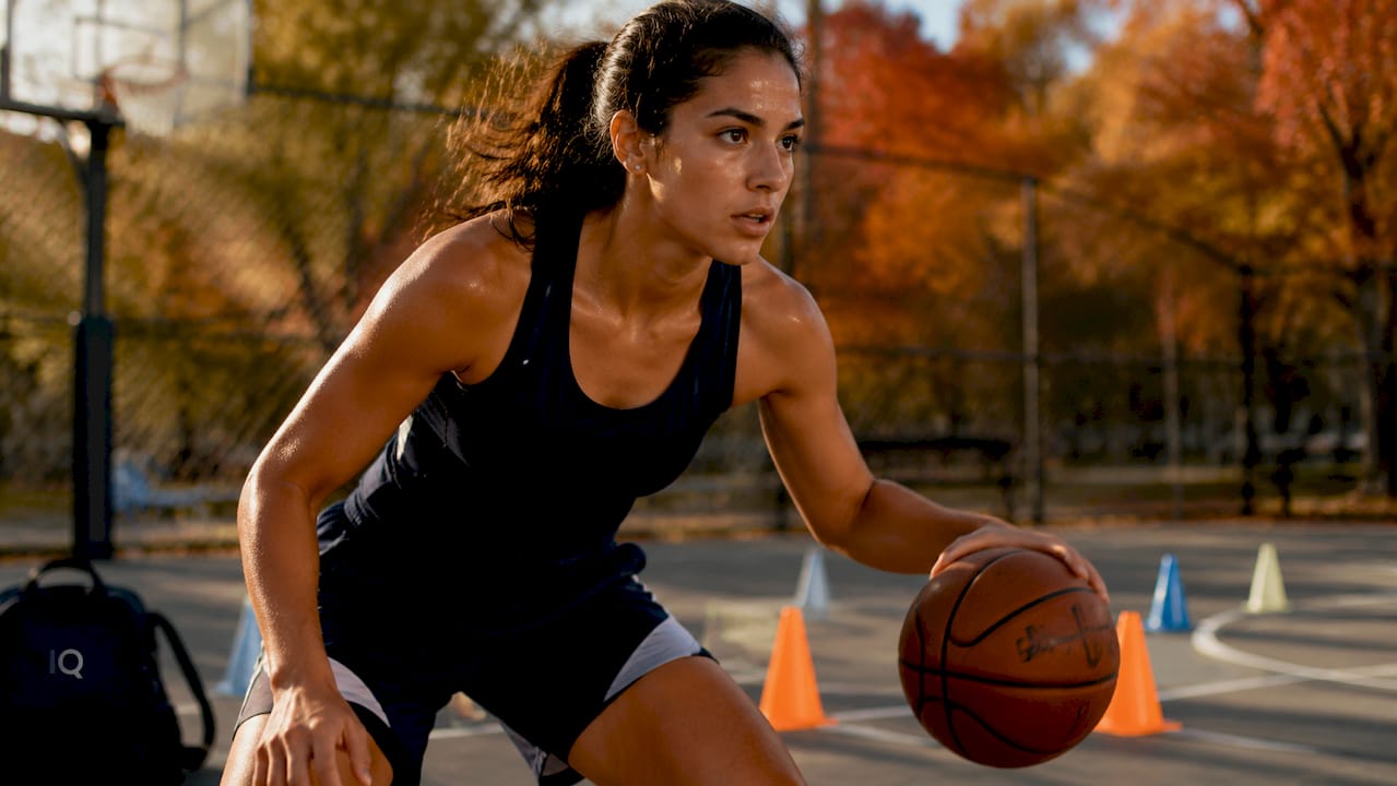 Female athlete practicing basketball drills