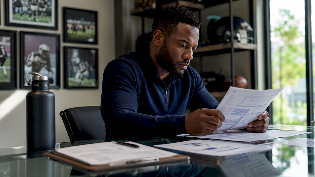 Coach reviewing player evaluation reports