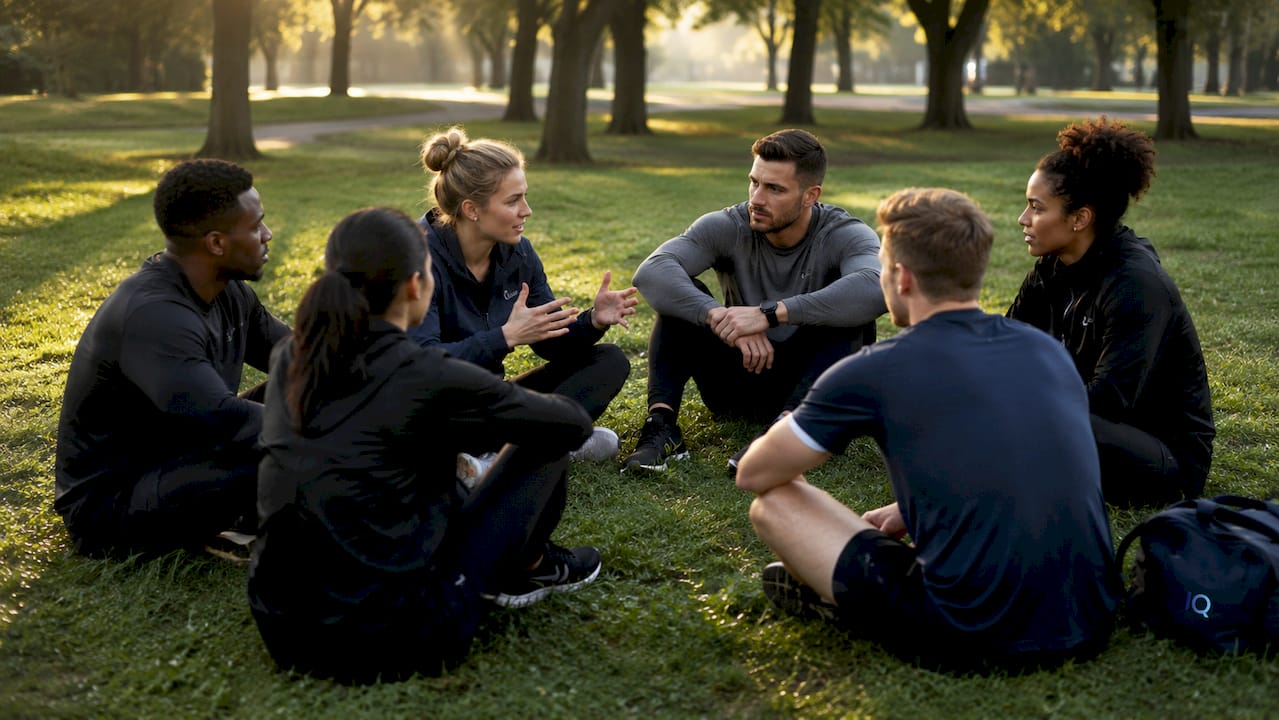 Team athletes in outdoor group discussion