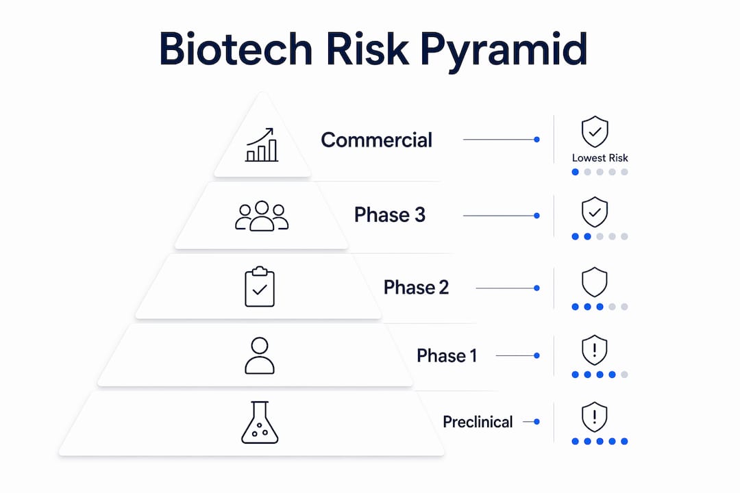 Infographic illustrating biotech clinical stage risk hierarchy