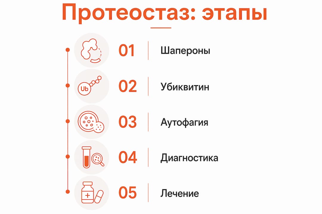 Инфографика, иллюстрирующая ключевые этапы протеостаза и подходы к терапии