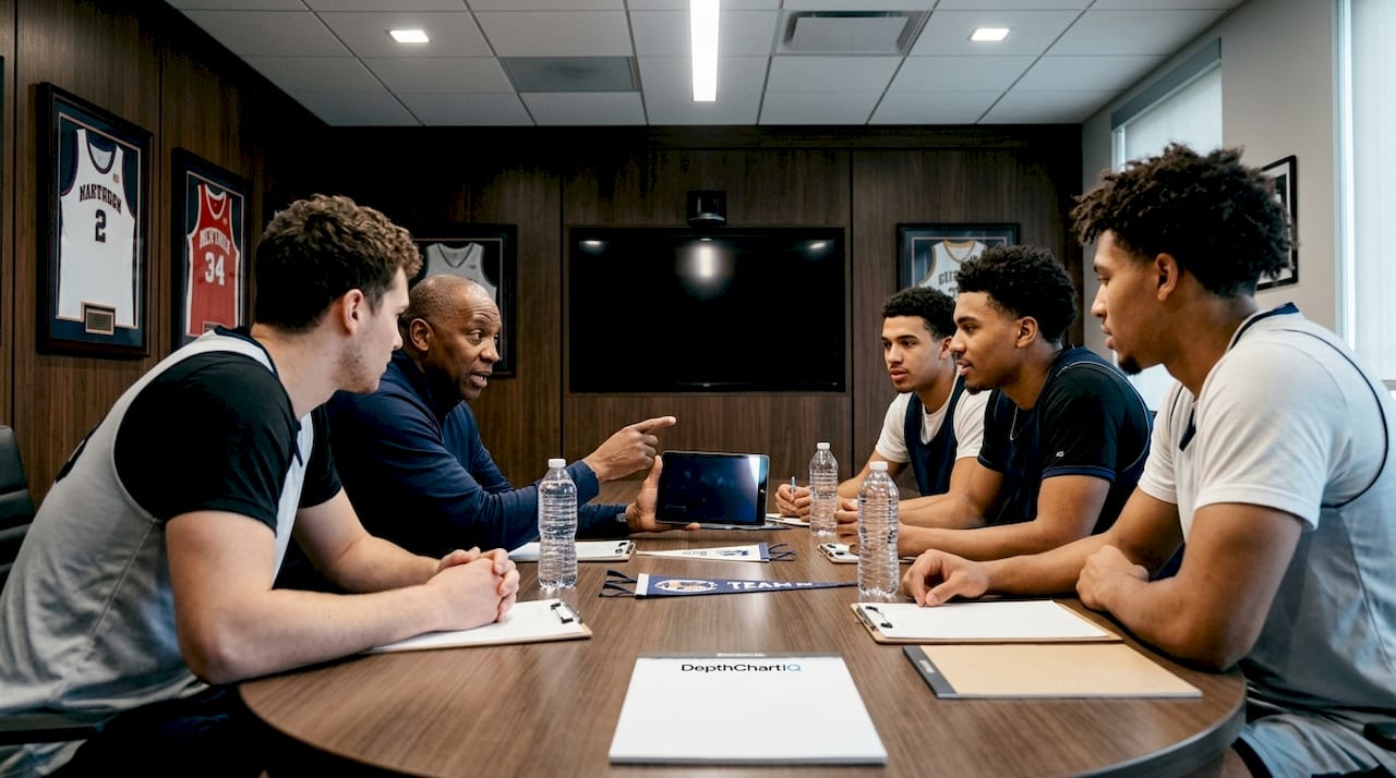 Coach leading basketball team meeting in gym office