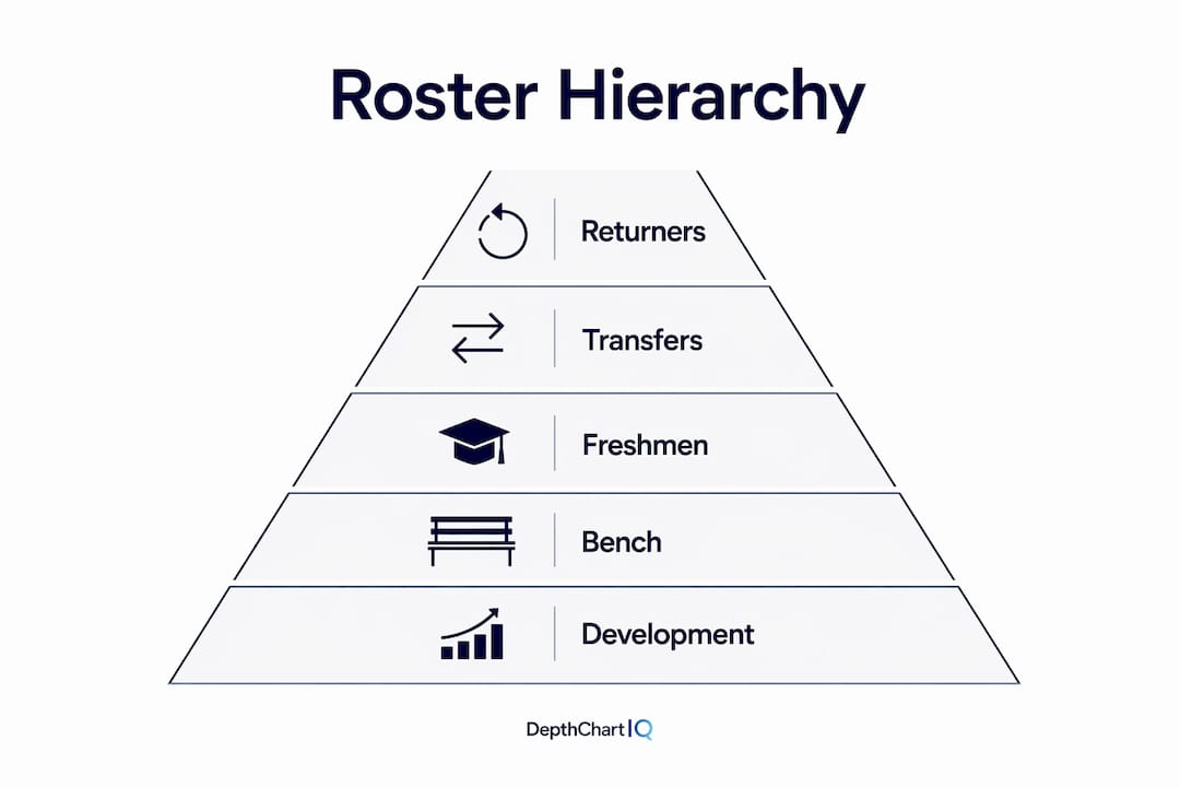 Infographic showing college basketball roster hierarchy pyramid