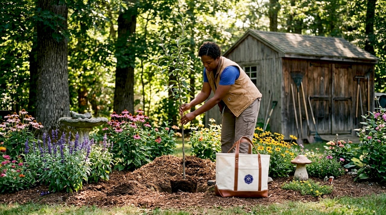 Landscaper planting tree at safe distance from sewer line
