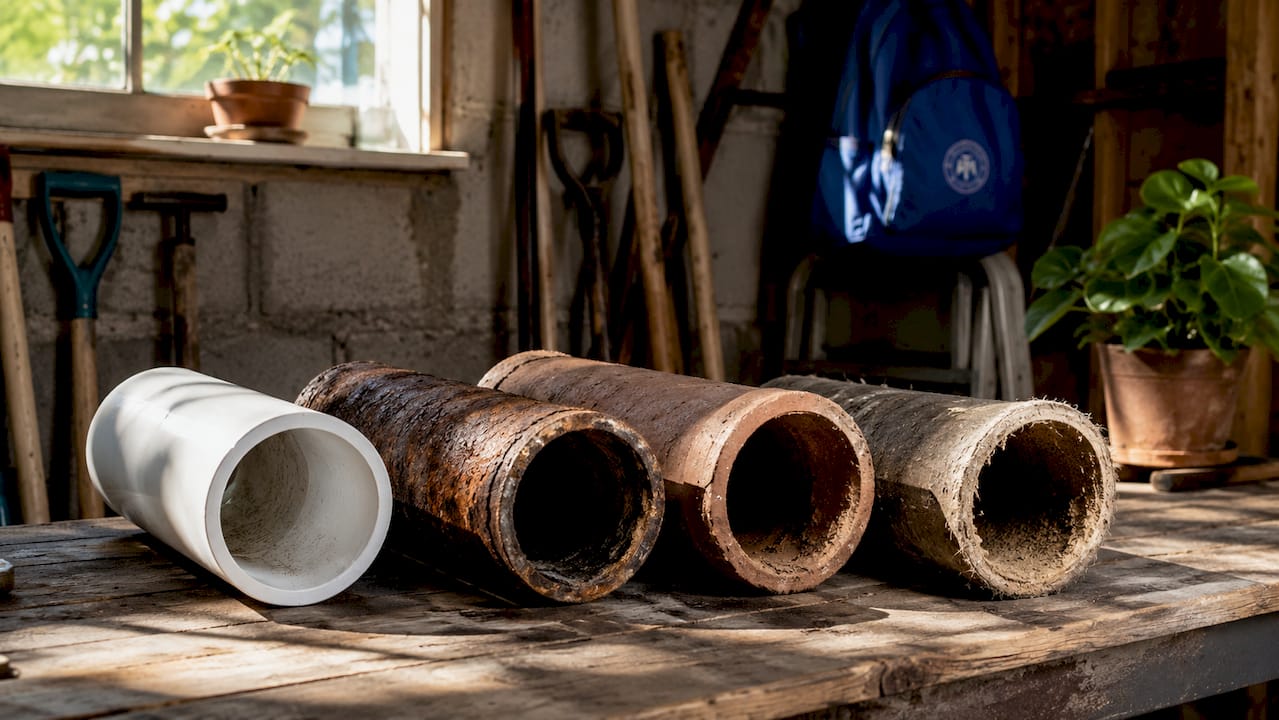 Variety of sewer pipe types laid on table