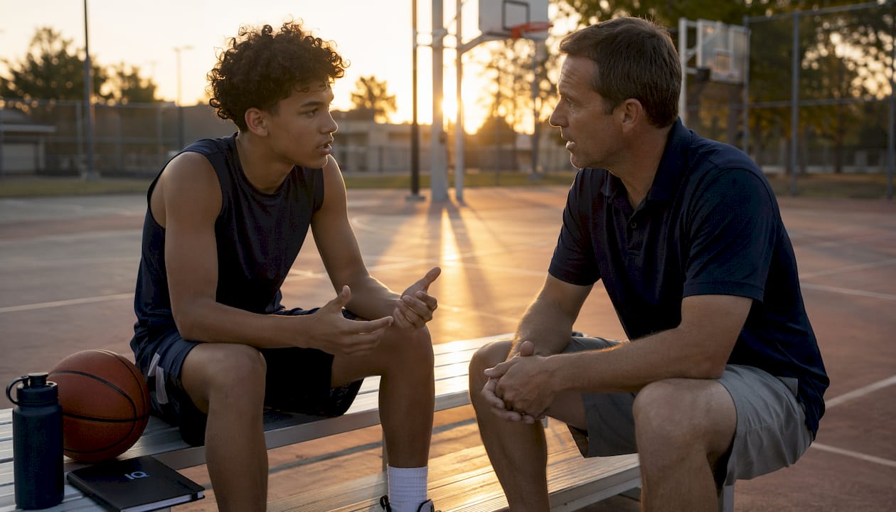 Coach and recruit discussing in gymnasium